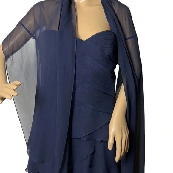 JOVANI NY Blue 100 SILK event dress .Strapless maxi with pleats and shawl - Picture 15 of 15